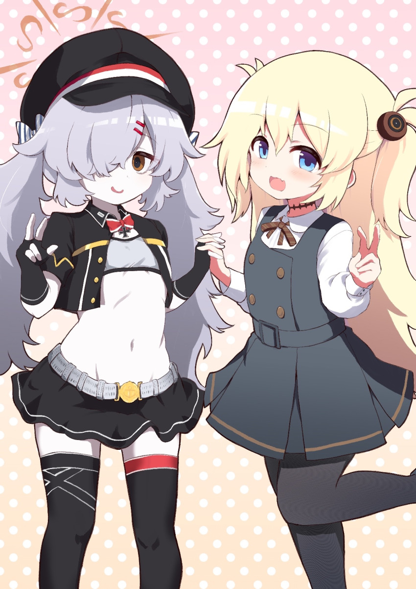 2girls azur_lane blonde_hair blue_archive blue_eyes breasts commentary_request commission gloves grey_hair hair_ornament hair_over_one_eye hat highres kanoe_(blue_archive) kurosaki_kousuke long_hair multiple_girls navel pantyhose skeb_commission small_breasts smile thighhighs twintails v z18_(azur_lane)