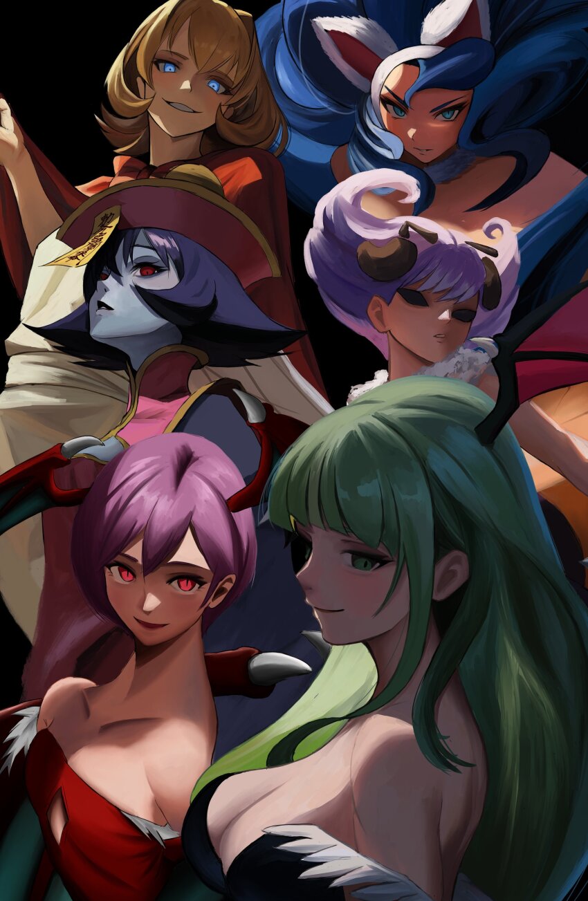 6+girls absurdres animal_ears antennae b.b._hood black_leotard blonde_hair blue_eyes blunt_bangs breasts bridal_gauntlets cat_ears cat_girl cleavage closed_mouth commentary_request darkstalkers demon_wings felicia_(darkstalkers) green_eyes green_hair head_wings highres hsien-ko hyakka_(momokashinryu14) leotard lilith_(darkstalkers) long_hair morrigan_aensland multiple_girls ofuda ofuda_on_head pantyhose purple_hair q-bee red_eyes revision smile strapless strapless_leotard upper_body wings