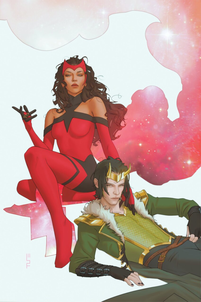 1boy 1girl alternate_costume black_bodysuit black_gloves black_hair bodysuit brown_hair clothing_cutout coat commentary english_commentary fingerless_gloves gloves green_coat highres loki_(marvel) long_hair looking_at_viewer marvel multicolored_bodysuit open_clothes open_coat red_bodysuit scarlet_witch scott_forbes shoulder_cutout sitting two-tone_bodysuit