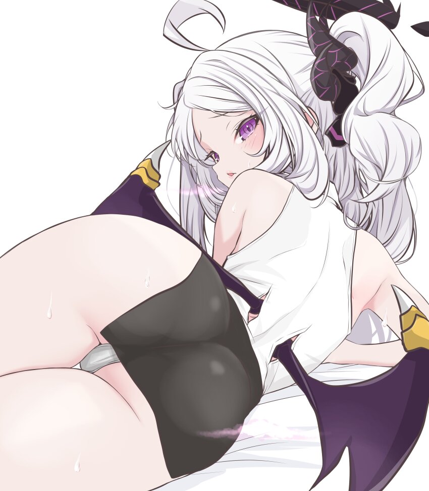 1girl absurdres ahoge ass bare_shoulders black_skirt blue_archive blush demon_girl demon_horns demon_wings from_behind halo highres hina_(blue_archive) horns kokechan loli long_hair looking_at_viewer looking_back low_wings lying miniskirt on_side open_mouth panties parted_bangs parted_lips pencil_skirt purple_eyes shirt simple_background skirt sleeveless sleeveless_shirt solo sweat thighs underwear white_background white_hair white_panties white_shirt wings