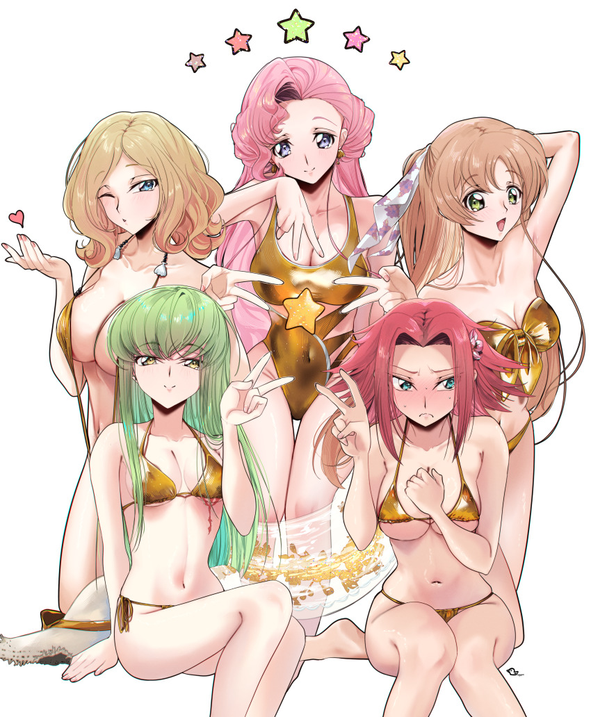 5girls absurdres artist_name bare_shoulders bikini blonde_hair blowing_kiss blue_eyes blush breasts brown_hair budgiepon c.c. code_geass collarbone euphemia_li_britannia green_eyes green_hair highres kouzuki_kallen large_breasts long_hair looking_at_viewer medium_hair milly_ashford multiple_girls one-piece_swimsuit one_eye_closed parted_bangs peace_symbol pink_hair red_hair shirley_fenette shy simple_background sitting slingshot_swimsuit small_breasts smile swimsuit white_background wink yellow_eyes