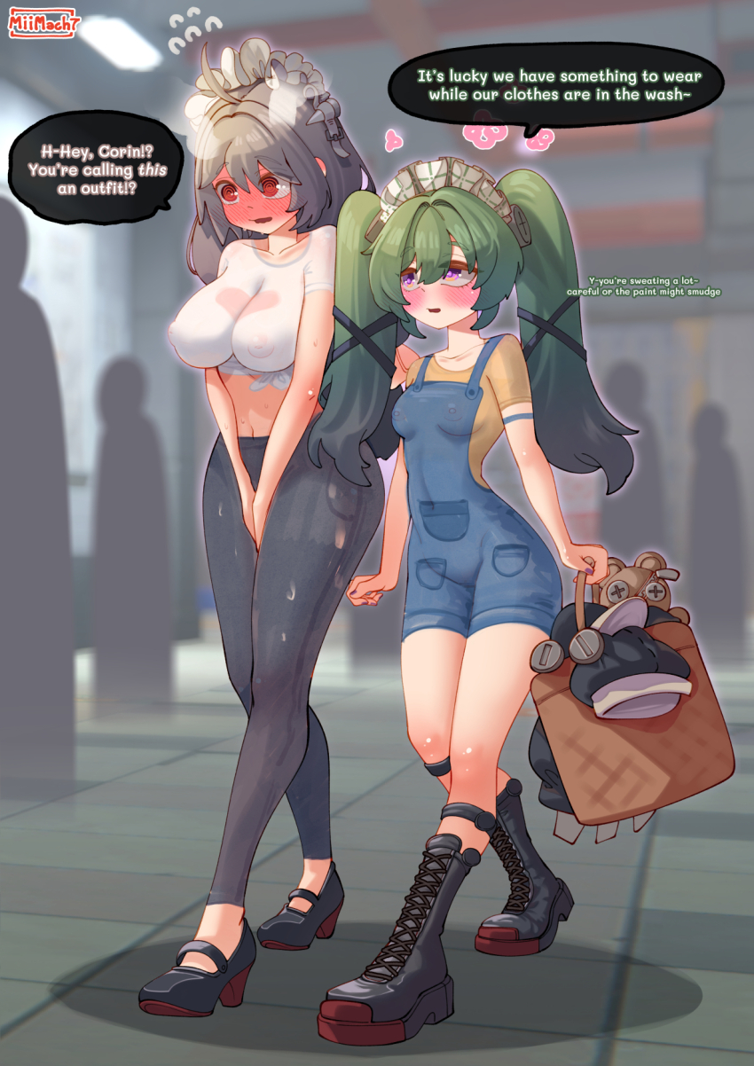 2girls 4others ahoge alexandrina_sebastiane artist_name basket black_boots black_shoes blurry blurry_background blush bodypaint boots breasts collarbone commentary corin_wickes covering_crotch covering_privates english_commentary english_text flying_sweatdrops full-face_blush full_body green_hair grey_hair hair_between_eyes hair_intakes highres holding holding_basket holding_unworn_clothes large_breasts long_hair looking_at_another maid_headdress mary_janes miimach7 multiple_girls multiple_others navel nipples open_mouth painted_clothes purple_eyes red_eyes screw_hair_ornament shadow shoes small_breasts speech_bubble steam stuffed_animal stuffed_toy sweat teddy_bear twintails zenless_zone_zero