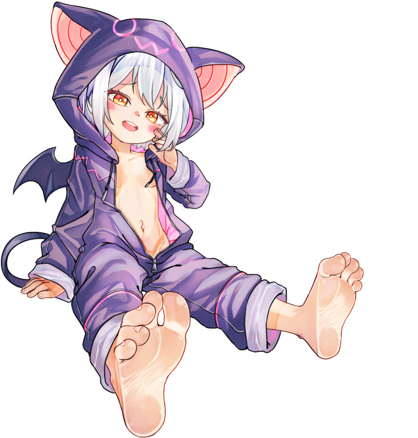 1girl animal_costume animal_hood barefoot breasts chaosexceed commentary demon_tail demon_wings feet foot_focus grey_hair highres hood hood_up loli looking_at_viewer navel open_mouth original paid_reward_available short_hair simple_background sitting small_breasts soles solo tail teeth toes upper_teeth_only white_background wings yellow_eyes