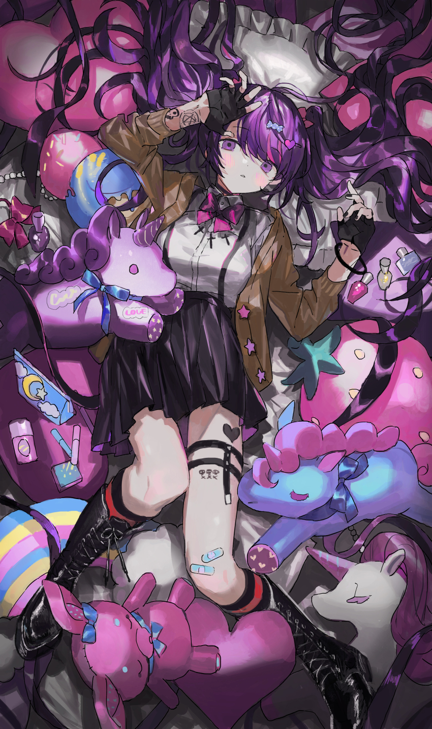 1girl absurdres arm_tattoo bandaid bandaid_on_knee bandaid_on_leg black_boots black_choker black_gloves black_nails black_skirt black_socks blush boots bow bowtie bracelet breasts brown_jacket candy_hair_ornament choker collared_shirt commentary_request cross_ornament dot_nose fingerless_gloves food-themed_hair_ornament full_body garter_straps gloves goth_fashion hair_bow hair_ornament hand_on_own_forehead head_on_pillow heart heart_hair_ornament highres horizontal-striped_socks jacket jewelry long_hair looking_at_viewer lying medium_breasts nana_tetra on_back open_clothes open_jacket original parted_lips pillow pink_bow purple_bow purple_bowtie purple_eyes purple_hair red_socks shirt skirt socks solo stuffed_toy stuffed_unicorn tattoo teeth thigh_strap two-tone_socks white_shirt