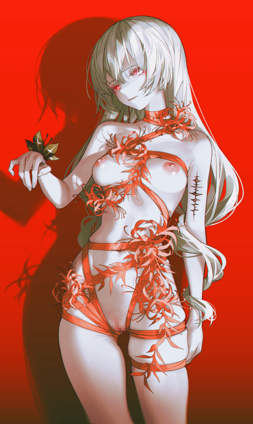 1girl black_flower blake_bloom_(wuthering_waves) breasts censored closed_mouth commentary flower grey_eyes grey_hair hand_up heterochromia highres iumu long_hair medium_breasts mosaic_censoring naked_ribbon nipples paid_reward_available phrolova_(wuthering_waves) pussy red_background red_eyes red_ribbon ribbon solo tacet_mark_(wuthering_waves) thighs wuthering_waves
