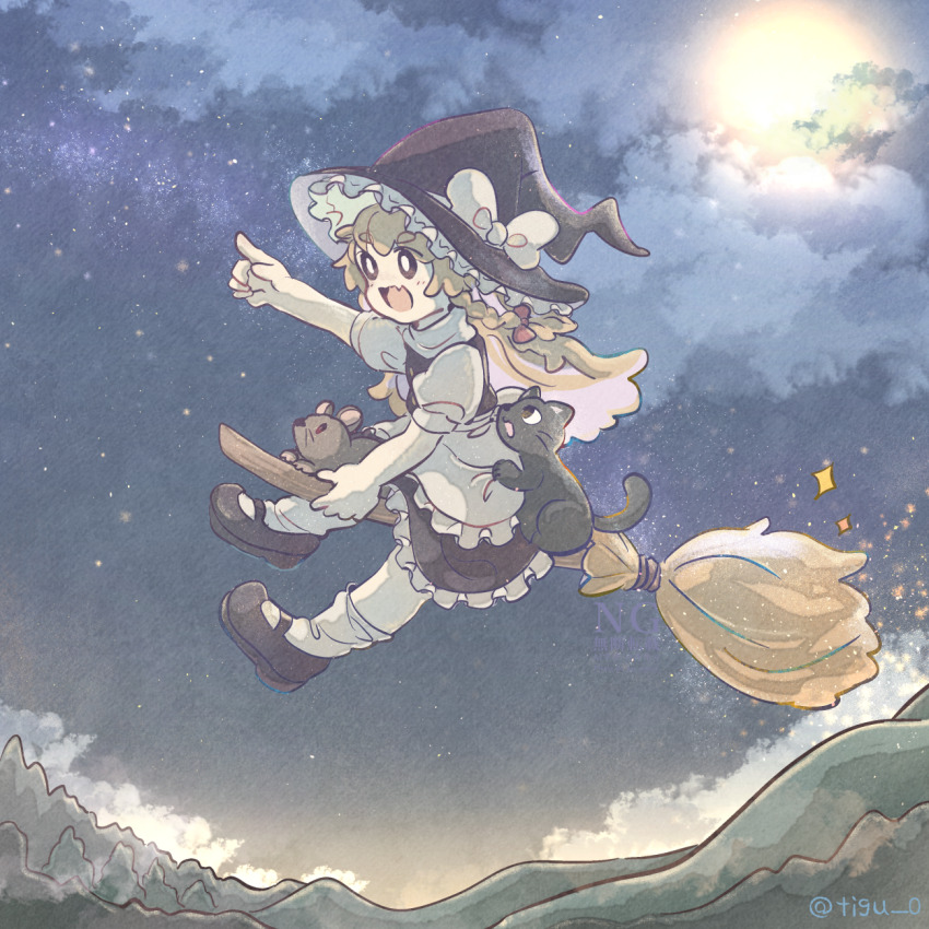 1girl :d apron black_cat black_hat black_shoes black_skirt black_vest blonde_hair bow braid broom broom_riding cat chigu cloud commentary_request fang hat highres kirisame_marisa long_hair mary_janes moonlight mouse_(animal) night open_mouth outdoors outstretched_arm pointing pointing_forward puffy_short_sleeves puffy_sleeves red_bow shirt shoes short_sleeves side_braid single_braid skin_fang skirt sky smile socks solo sparkle star_(sky) starry_sky touhou vest waist_apron white_apron white_shirt white_socks witch_hat