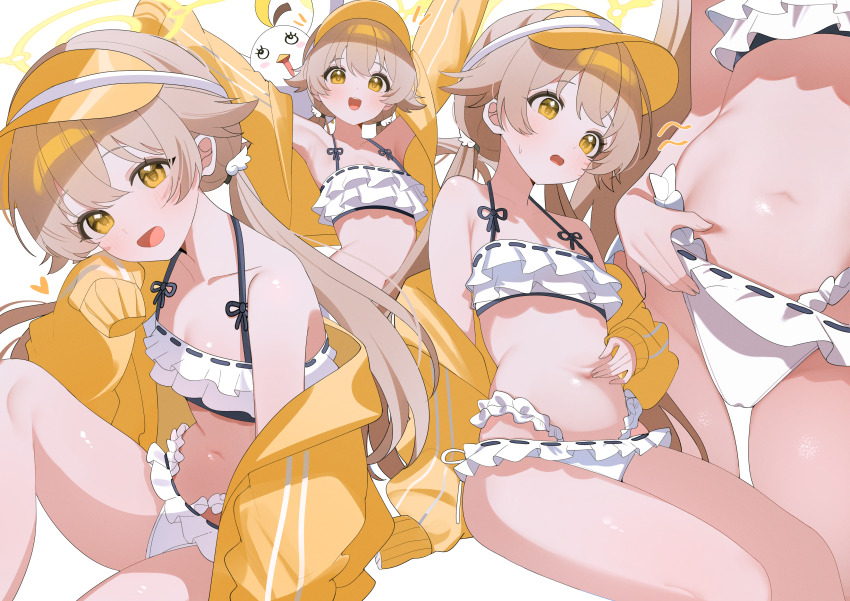 1girl :d absurdres arms_up bare_shoulders bikini bikini_skirt blue_archive breasts brown_hair chibi chibi_inset crossed_bangs double-parted_bangs frilled_bikini frills hair_flaps hair_ornament halo hand_on_own_stomach hand_up heart hifumi_(blue_archive) hifumi_(swimsuit)_(blue_archive) highres jacket loli long_hair looking_at_viewer low_twintails multi-strapped_bikini_bottom multiple_views navel off_shoulder official_alternate_costume open_mouth peroro_(blue_archive) ruffle_bikini shusuchii simple_background single_sleeve_past_fingers small_breasts smile swimsuit twintails visor_cap white_bikini wing_hair_ornament yellow_eyes yellow_halo yellow_jacket yellow_visor