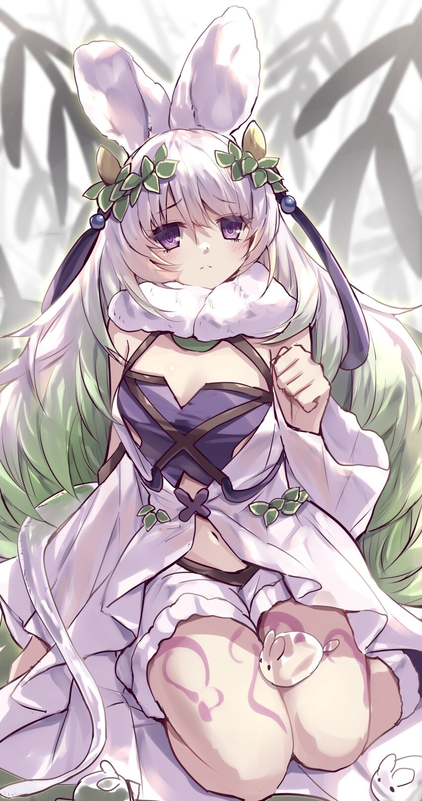 1girl absurdres bare_shoulders bloomers blush breasts commentary_request detached_sleeves duel_monster flower foot_out_of_frame hair_between_eyes highres kanzakietc leaf leaf_on_head leg_tattoo long_hair looking_at_viewer medium_breasts midriff monster_girl navel parted_lips plant plant_girl purple_eyes sitting soles solo tattoo traptrix_cularia underwear wariza water white_flower white_hair wrist_cuffs yu-gi-oh!