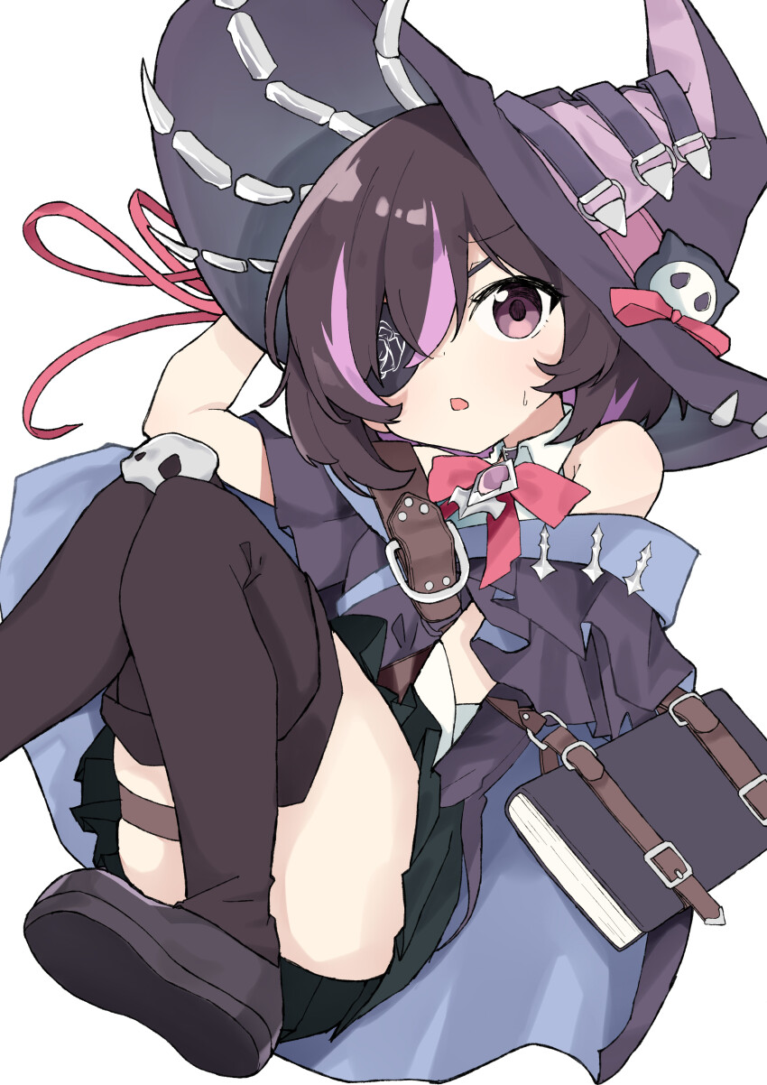 1girl absurdres arm_up bare_shoulders black_hair black_shoes black_skirt black_socks bob_cut book borrowed_character bow bowtie cloak collared_shirt commission eyepatch foot_out_of_frame hair_over_one_eye hand_on_headwear hat hat_ribbon highres knees_together_feet_apart multicolored_hair original pink_bow pink_bowtie pink_hair pink_ribbon ribbon sasakungoodsize second-party_source shirt shoes simple_background skeb_commission skirt sleeveless socks solo streaked_hair sweatdrop thigh_strap white_background wing_collar witch_hat