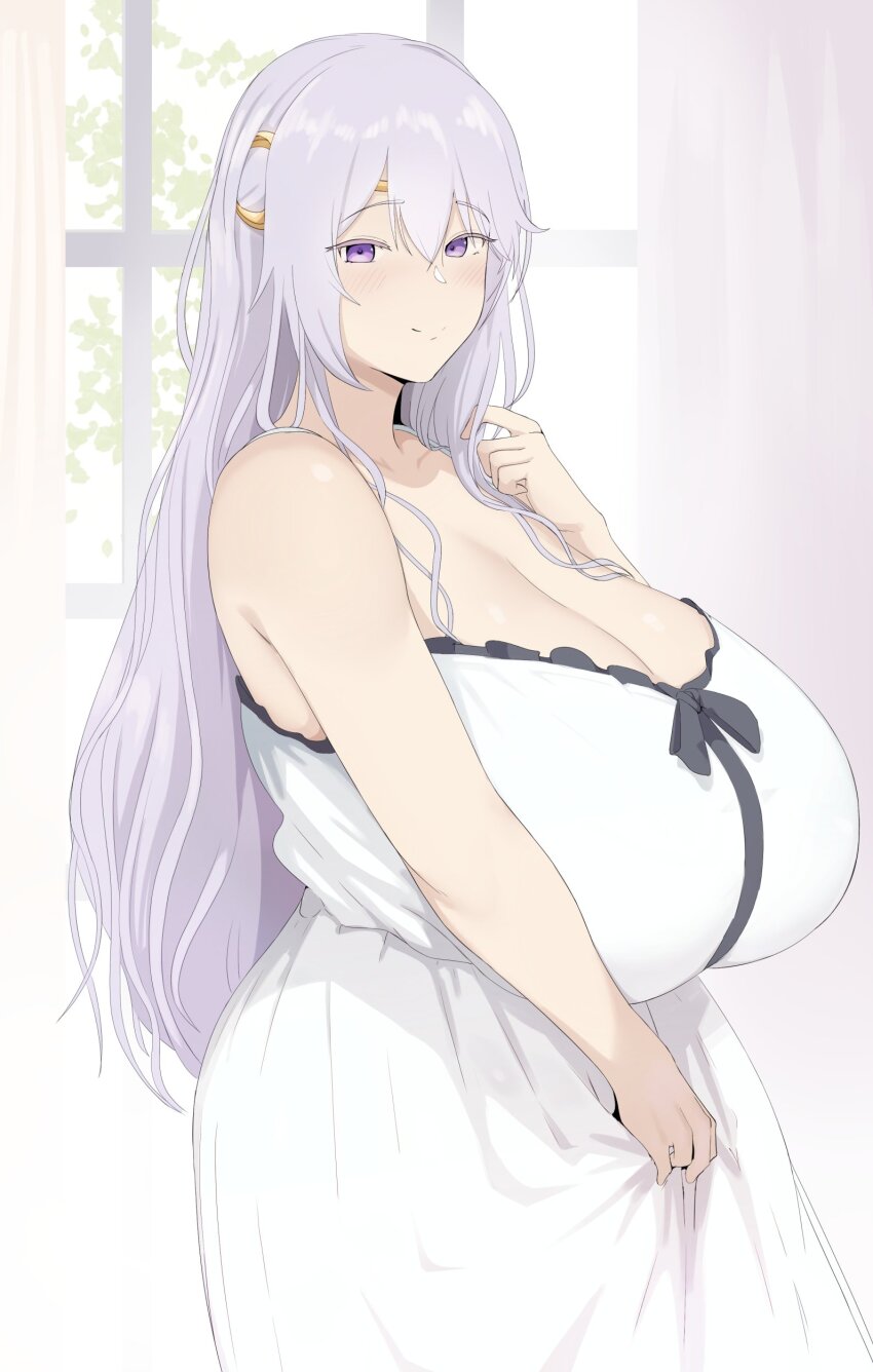 1girl absurdres bare_arms bare_shoulders blush breasts cleavage closed_mouth coco_(setawar) collarbone commentary commission curvy deirdre_(fire_emblem) dress english_commentary fire_emblem fire_emblem:_genealogy_of_the_holy_war from_side gigantic_breasts hand_in_own_hair highres indoors long_hair looking_at_viewer nintendo purple_eyes purple_hair smile solo variant_set very_long_hair white_dress window