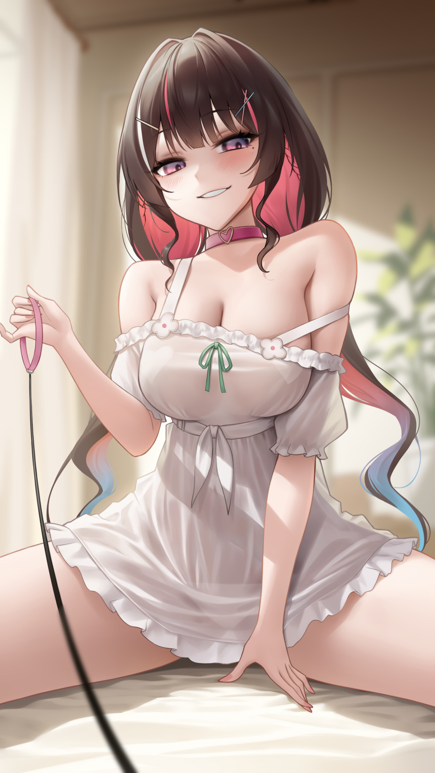 1girl absurdres azki_(hololive) babydoll bare_shoulders black_hair blush breasts choker cleavage colored_inner_hair covered_navel hair_intakes hair_ornament hairclip heart heart_choker heart_pasties highres holding holding_leash hololive large_breasts leash long_hair looking_at_viewer mole mole_under_eye multicolored_hair open_mouth panties pasties pink_choker pink_eyes pink_hair pink_streaks pov purple_eyes see-through_clothes sitting smile solo somebody_(leiking00) spread_legs strap_slip streaked_hair underwear very_long_hair viewer_on_leash virtual_youtuber white_babydoll white_hair white_panties white_streaks x_hair_ornament