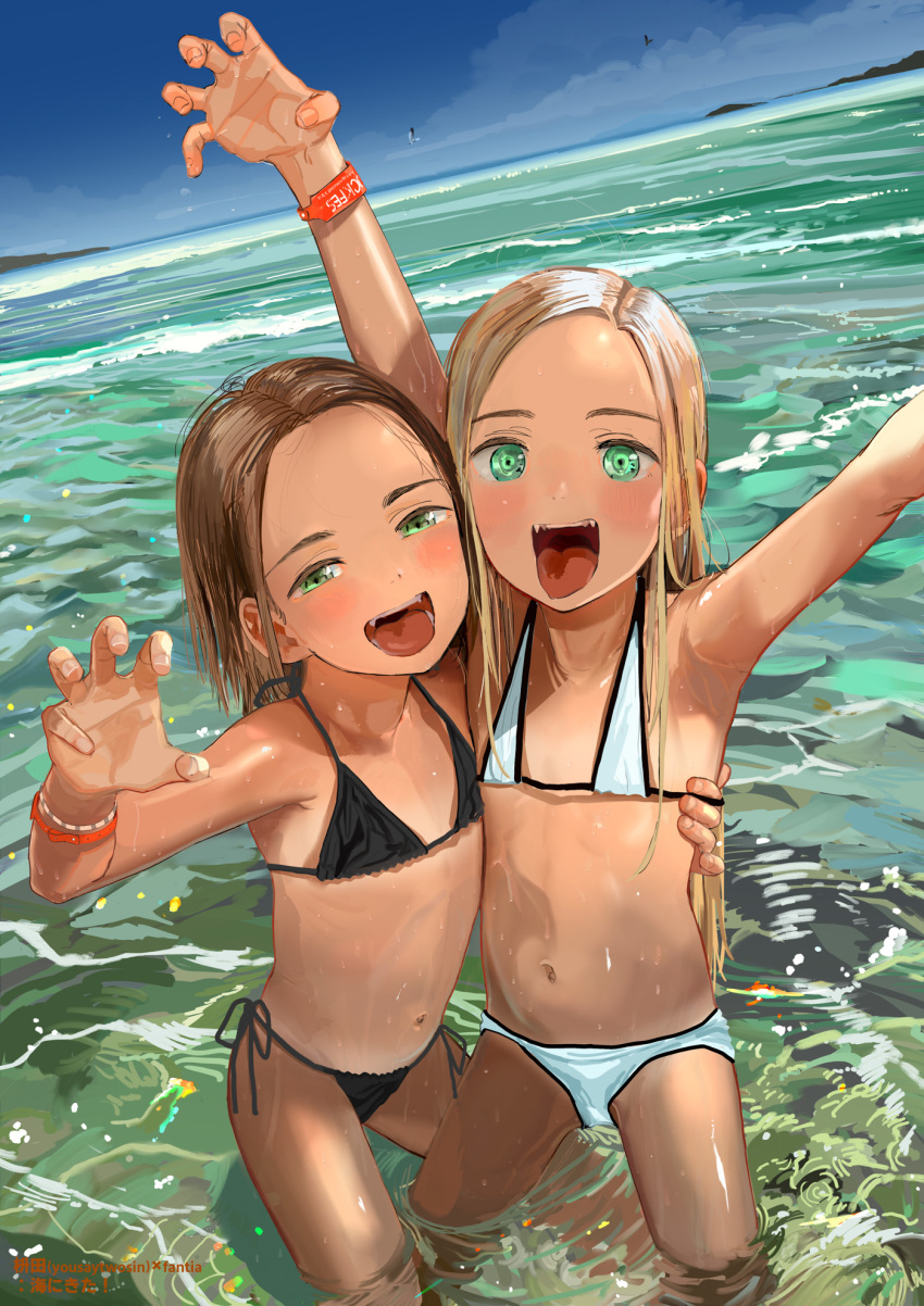 2girls :d aoife_campbell_(masuda_(yousaytwosin)) arm_around_waist armpits arms_up bikini blonde_hair blue_sky blush brown_hair day green_eyes half-closed_eyes highres horizon loli long_hair looking_at_viewer masuda_(yousaytwosin) medium_hair multiple_girls navel ocean open_mouth original outdoors partially_submerged ripples sharp_teeth side-tie_bikini_bottom sky smile standing swimsuit teeth wading wet white_bikini wristband