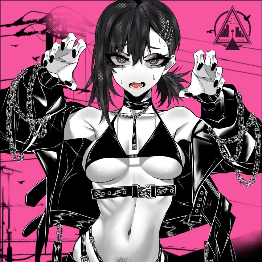 bare_shoulders belt_buckle bikini bikini_top_only black_bikini black_eyes black_jacket black_nails breasts buckle chain chain_necklace chainsaw_man choker claw_pose collarbone dizzle eyelashes eyeshadow female_pubic_hair hair_between_eyes hair_ornament hairclip higashiyama_kobeni highres jacket jewelry long_sleeves makeup medium_breasts medium_hair navel necklace off_shoulder open_mouth partially_colored pubic_hair ribs ringed_eyes sanpaku side_ponytail signature stomach sweat swimsuit upper_body utility_pole