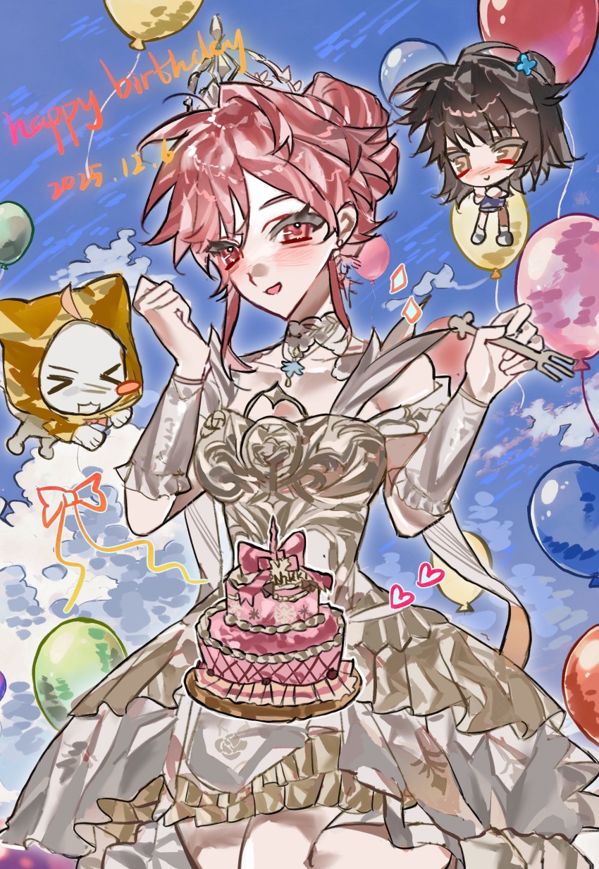 >_< 2girls absurdres aegyo_sal ahoge animal antenna_hair armor balloon bare_shoulders birthday_cake blue_flower blue_shirt blue_shorts blue_sky blush_stickers breastplate brown_eyes brown_hair cake cat chibi chinese_commentary clenched_hand cloak closed_mouth clothed_animal clothing_cutout cloud collar collarbone commentary_request dated day detached_collar dress ear_covers earrings english_text eyelashes flower food fork frilled_arm_warmers frilled_dress frills full_body grey_shoes hair_bun hair_flower hair_intakes hair_ornament hands_on_own_chin happy happy_birthday heart highres holding holding_fork hood hood_up hooded_cloak infinity_nikki jewelry kneehighs kneeling lace_collar li_song_(xinjinjumin346930334293) looking_at_viewer loose_socks medium_dress medium_hair melody_bloom_(infinity_nikki) momo_(nikki) multiple_girls nikki_(nikki) nikki_(series) open_mouth outdoors outline pink_eyes pink_hair pleated_dress see-through_collar shirt shoes short_hair_with_long_locks short_shorts short_sleeves shorts shoulder_cutout sidelocks single_blush_sticker single_hair_bun single_side_bun sky smile socks sparkle stylist_(nikki) tiara two-tone_dress updo white_arm_warmers white_cat white_collar white_dress white_outline white_socks yellow_cloak yellow_dress yellow_socks