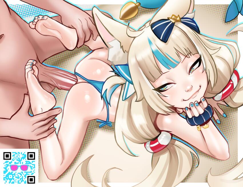 1boy 1girl :3 absurdres anal andava animal_ears ass barefoot bikini bikini_bottom_aside blonde_hair blue_eyes blue_nails blue_toenails blush butt_plug cat_ears clothing_aside dutch_angle erection fake_tail feet fingernails fins fish_tail hair_ornament hetero highres indie_virtual_youtuber leg_grab legs lilandy loli long_hair long_twintails looking_at_viewer looking_back lying micro_bikini nail_polish on_stomach penis qr_code sameko_saba sex sex_toy side-tie_bikini_bottom smile smug soles spread_legs swimsuit tail testicles thighs toes twintails virtual_youtuber