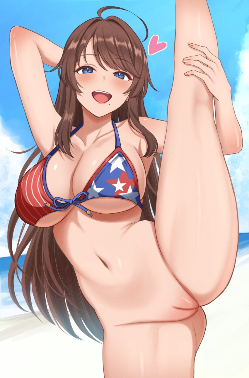 1girl :d ahoge beach bikini bikini_top_only blue_eyes blue_sky blush breasts brown_hair cleavage collarbone commentary_request commission day feet_out_of_frame flexible heart highres large_breasts large_variant_set long_hair looking_at_viewer mole mole_under_mouth navel open_mouth original outdoors pixiv_commission pussy sidelocks sky smile solo split standing standing_on_one_leg standing_split surippa1010 swimsuit thighs uncensored variant_set very_long_hair