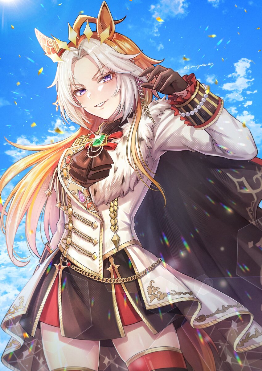 absurdres ahoge animal_ears ascot black_ascot black_cape black_gloves blue_eyes blue_sky blush cape cloud coat ear_covers fur_trim gem gloves green_gem highres horse_ears horse_girl horse_tail jacket long_hair long_sleeves looking_at_viewer multicolored_hair orange_hair orfevre_(control)_(umamusume) orfevre_(umamusume) parted_lips single_ear_cover skirt sky smile sow_graden429 tail thighhighs two-tone_hair umamusume white_coat white_hair