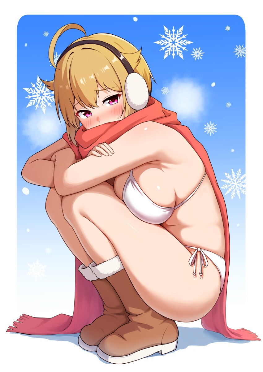 1girl absurdres ahoge bikini blonde_hair blue_background blush boots border breasts brown_boots commentary_request covered_mouth earmuffs full_body gradient_background hair_flaps highres ibuki_tsubasa idolmaster idolmaster_million_live! karua_(karua23) large_breasts looking_at_viewer red_scarf scarf short_hair side-tie_bikini_bottom snowflakes solo squatting swimsuit white_bikini white_border