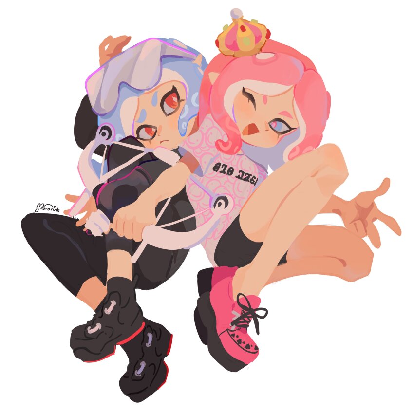 2girls ;o absurdres artist_logo black_pants black_shoes black_shorts blue_eyes blue_hair bow_(weapon) clothes_writing commentary crown elf elysia_(honkai_impact) english_commentary herrscher_of_corruption highres holding holding_bow_(weapon) holding_weapon honkai_(series) honkai_impact_3rd logo long_hair mararu multicolored_hair multiple_girls one_eye_closed orange_eyes pants parody pink_hair pink_shirt pink_shoes pointy_ears shirt shoes shorts simple_background style_parody two-tone_hair weapon white_background white_hair