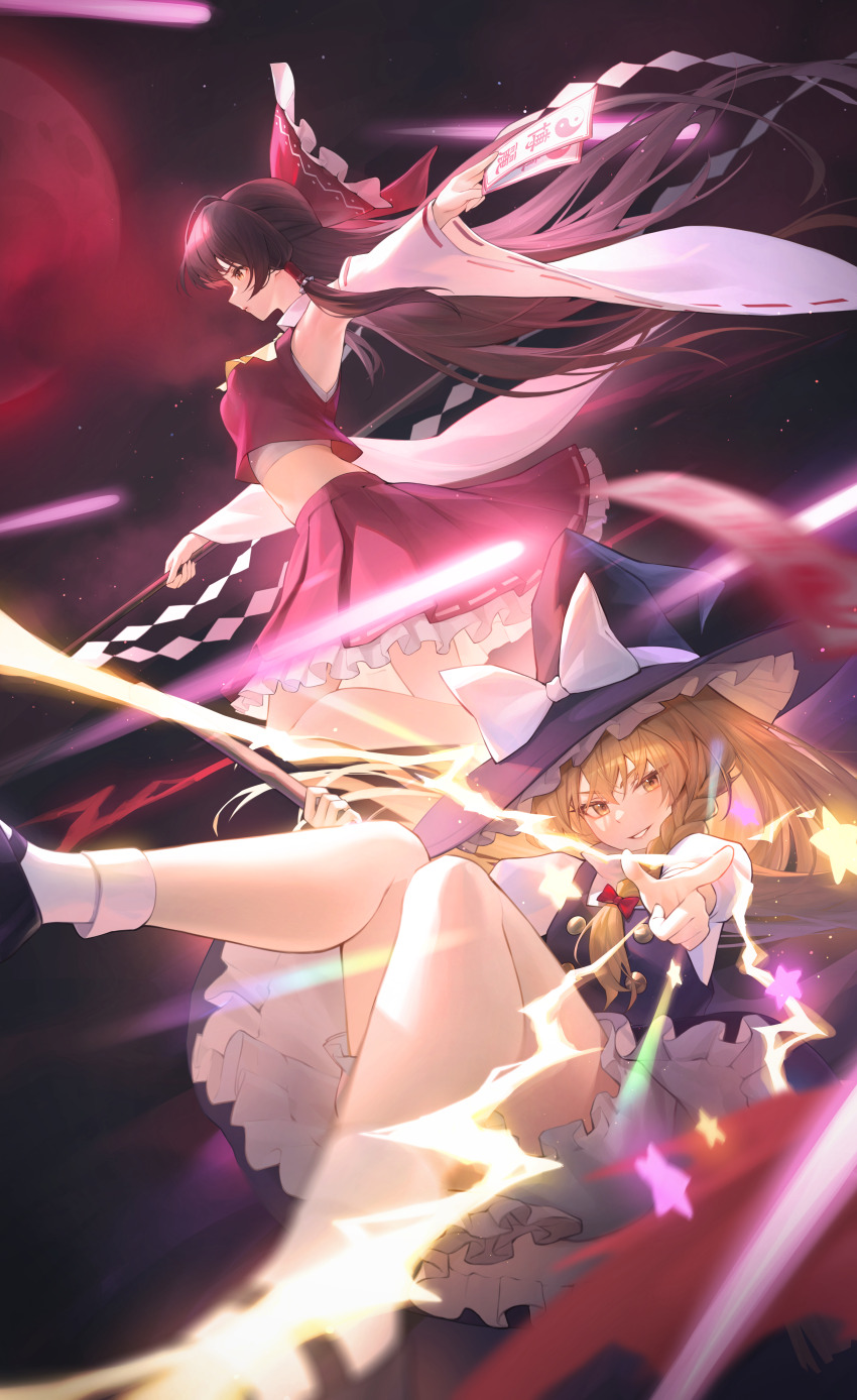 2girls absurdres ascot black_dress black_hair blonde_hair blurry bow braid commentary depth_of_field detached_sleeves dress frilled_bow frilled_hair_tubes frills gohei hair_bow hair_ornament hair_tubes hakurei_reimu hat hat_bow highres holding holding_ofuda kirisame_marisa looking_ahead looking_at_viewer magic midriff moon multiple_girls night nontraditional_miko ofuda pants red_bow red_eyes red_moon red_skirt revision shirt single_braid skirt sky star_(symbol) symbol-only_commentary touhou white_bow white_pants white_shirt wide_sleeves witch witch_hat yellow_ascot yellow_eyes zhenli-mari
