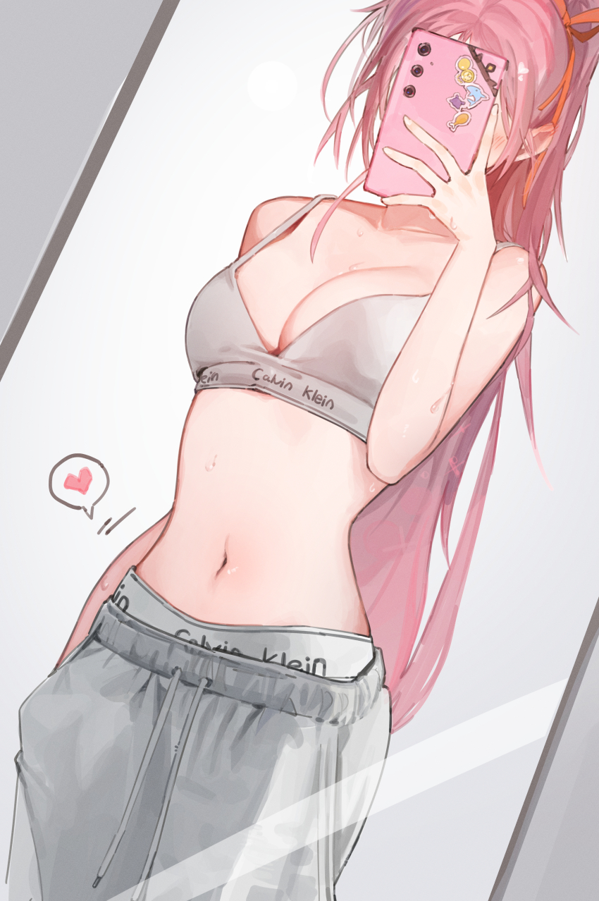 1girl absurdres bra breasts calvin_klein chocosong cleavage commentary_request facing_viewer grey_bra grey_pants hand_up heart highres holding holding_phone hololive hololive_english long_hair mirror_selfie mori_calliope navel no_shirt panties pants panty_peek phone pink_hair ponytail selfie solo spoken_heart stomach sweatpants underwear very_long_hair