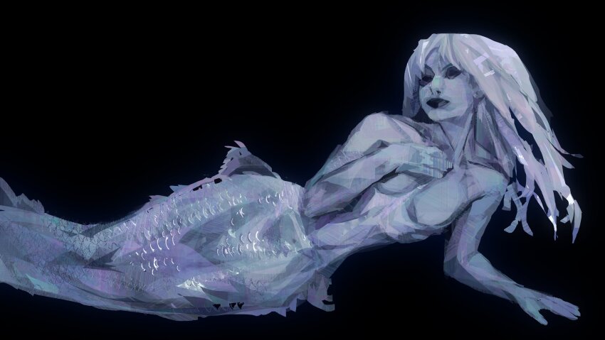 1girl absurdres black_background black_eyes black_eyeshadow black_lips blue_skin colored_skin commentary elbow_rest eyeshadow hand_on_own_chest highres long_hair looking_at_viewer lying makeup mermaid monster_girl nude on_side original painterly simple_background solo symbol-only_commentary twulfs white_hair