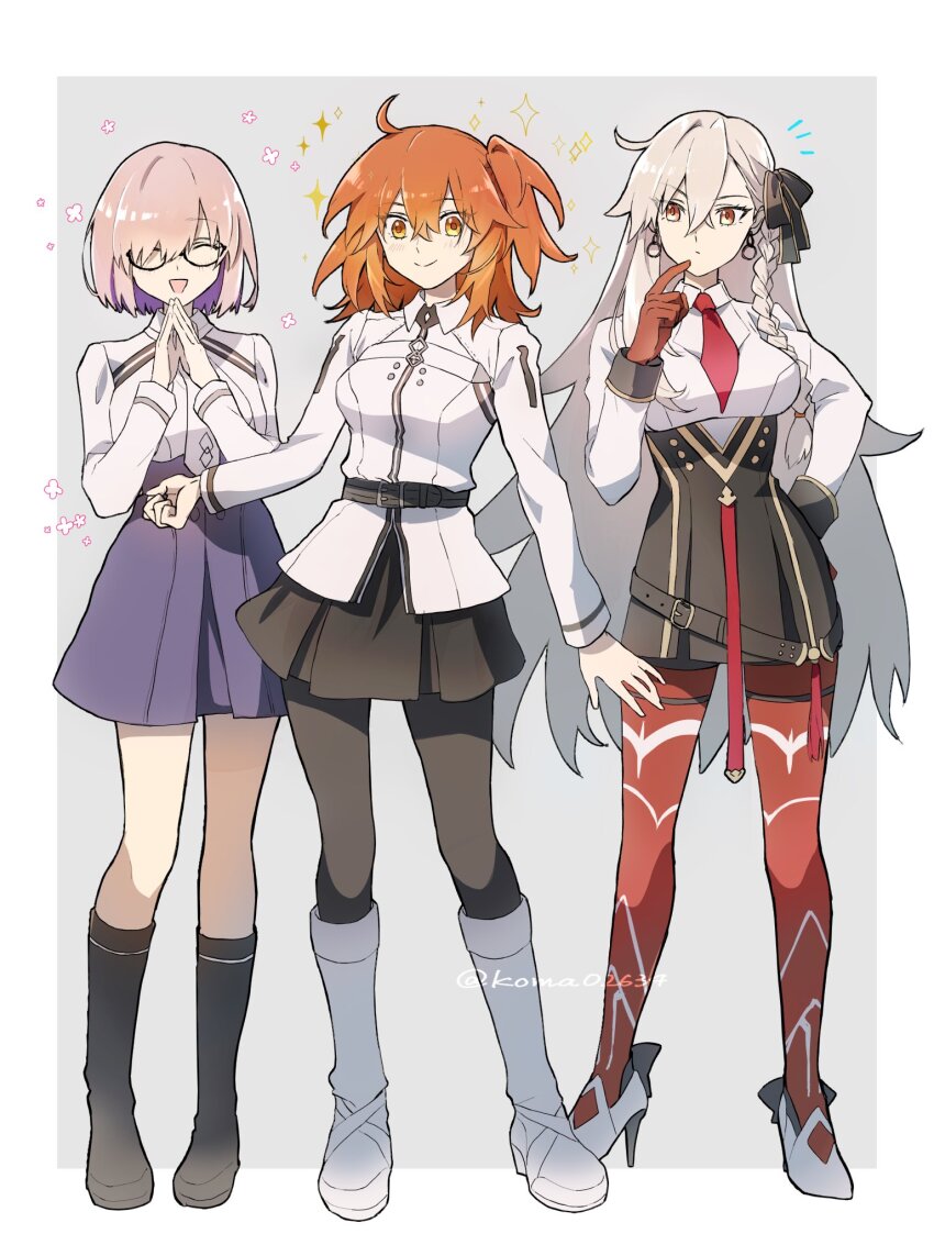 3girls ahoge artist_name belt black_belt black_pantyhose black_shoes black_skirt boots braid breasts brown_eyes chaldea_logo clenched_hand closed_mouth colored_inner_hair commentary earrings fate/grand_order fate_(series) full_body glasses gloves hand_on_own_hip happy_aura high_heels highres jewelry knee_boots koma02634 large_breasts light_blush long_hair long_sleeves looking_at_another looking_at_viewer medium_breasts medium_hair multicolored_hair multiple_girls necktie notice_lines open_mouth orange_eyes orange_gloves orange_pantyhose outside_border outstretched_arm own_hands_together pantyhose pink_hair purple_hair purple_skirt red_necktie shirt shoes short_hair short_side_ponytail side_braid skirt sleeve_cuffs smile sparkle sparkling_aura twitter_username two-tone_hair white_boots white_hair white_necktie white_shirt wing_collar