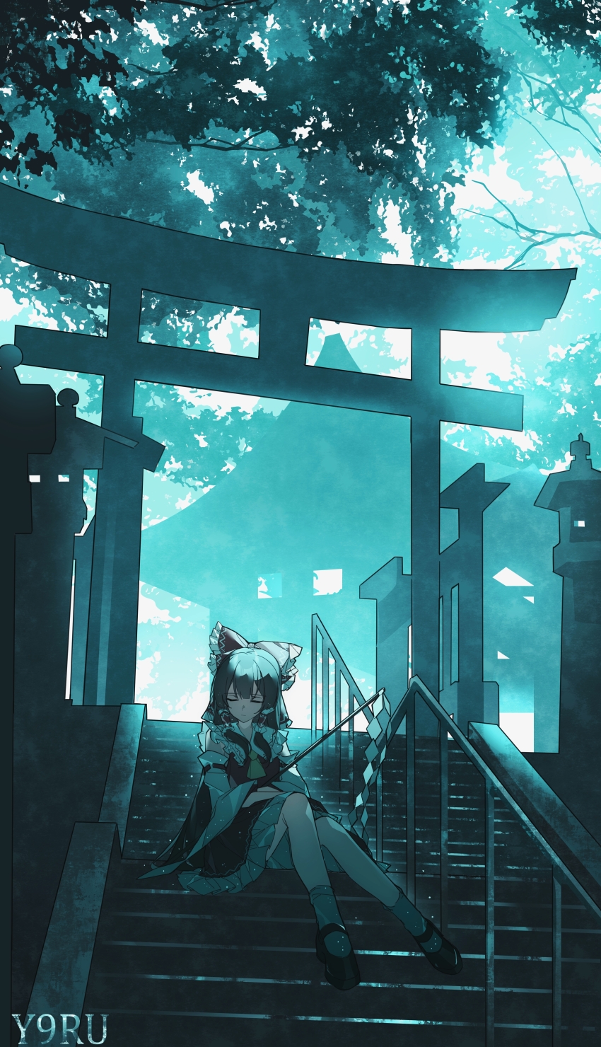 1girl absurdres aqua_theme artist_name ascot black_shoes bow brown_hair closed_eyes closed_mouth collared_shirt day detached_sleeves frilled_bow frilled_hair_tubes frills gohei hair_bow hair_tubes hakurei_reimu highres holding holding_gohei long_hair long_sleeves mary_janes outdoors railing red_bow red_shirt red_skirt shirt shoes short_sleeves shrine sitting skirt socks solo stairs stone_lantern torii touhou tree white_sleeves white_socks wide_sleeves yellow_ascot yexinhan