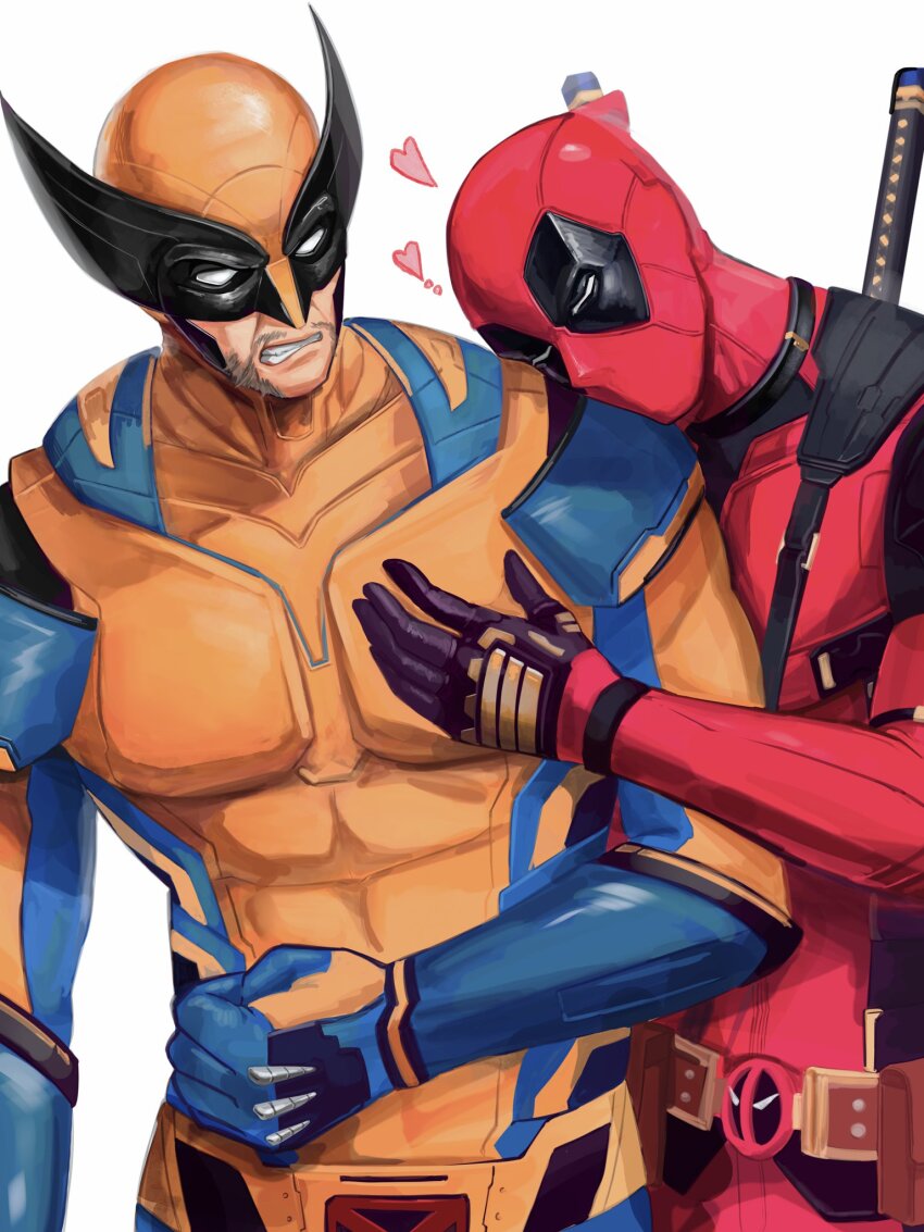 beard belt bodysuit clenched_teeth deadpool deadpool_&amp;_wolverine deadpool_(series) facial_hair gloves grabbing_another's_pectorals hamu_popopo head_on_another's_shoulder heart highres katana male_focus marvel multicolored_bodysuit multiple_boys muscular muscular_male pectoral_grab pectorals red_bodysuit red_mask superhero_costume sword sword_on_back teeth two-tone_bodysuit utility_belt weapon weapon_on_back wolverine_(x-men) x-men yaoi yellow_bodysuit