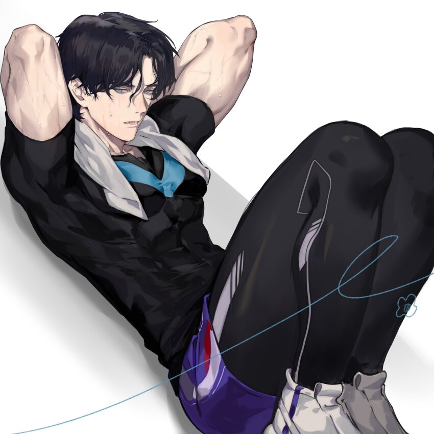 1boy abs absurdres aqua_eyes batman_(series) black_hair black_leggings black_shirt dc_comics dick_grayson exercising hair_between_eyes highres leggings looking_at_viewer male_focus naijarski nightwing parted_lips pectorals purple_shorts shirt shoes short_sleeves shorts simple_background sit-up solo sweat toned toned_male towel towel_around_neck white_background