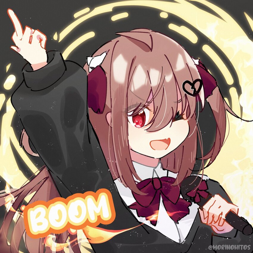 1girl :d ahoge arm_up black_background black_cardigan bow bowtie brown_hair cardigan collared_shirt commentary double-parted_bangs english_commentary evil_neuro-sama fang fire hair_between_eyes hair_ornament hair_ribbon highres holding holding_microphone idol light_particles long_hair long_sleeves looking_at_viewer microphone middle_finger morinohito music neuro-sama off-shoulder_cardigan one_eye_closed open_mouth portrait red_bow red_bowtie red_eyes red_ribbon ribbon shirt singing skin_fang skull_hair_ornament smile solo twitter_username two_side_up v-shaped_eyebrows vedal_ai white_shirt