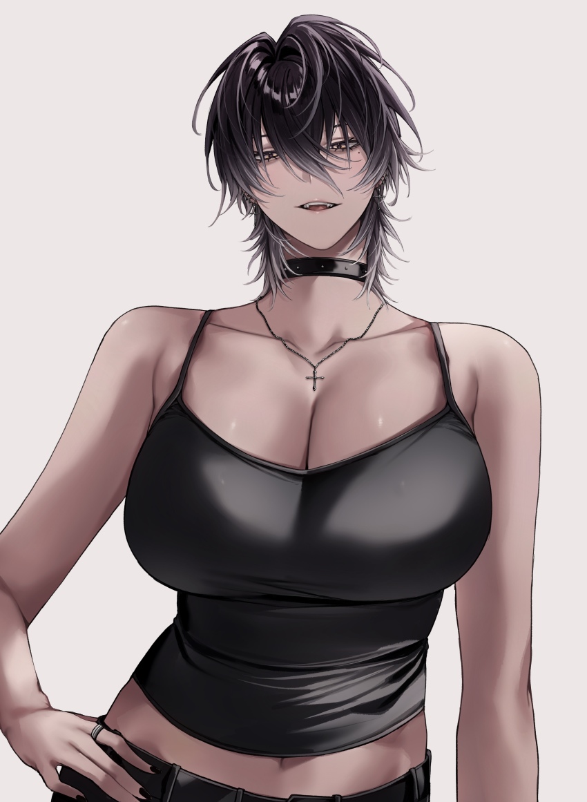 1girl absurdres black_choker black_collar black_hair black_nails black_pants black_tank_top brown_eyes choker collar commentary cross cross_necklace english_commentary gradient_hair highres jewelry long_hair looking_at_viewer may_(ulularts) midriff mole mole_under_eye multicolored_hair navel necklace open_mouth original pants solo tank_top ulularts