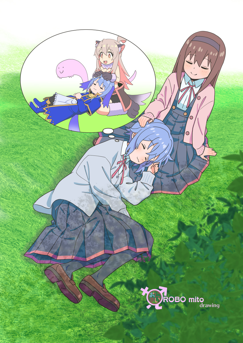 3girls :3 :d absurdres ahoge animal_ear_fluff animal_ears animal_hands artist_name black_hairband black_pantyhose black_skirt blue_hair brown_hair brown_shoes circle_skirt commentary copyright_name day dog_ears dog_girl dog_tail dreaming fang fujimi_nemu fushimi_nodoka gloves grass hairband hand_on_another's_head highres jacket lap_pillow light_blush loafers long_hair long_sleeves male-female_symbol multiple_girls neck_ribbon on_grass onii-chan_wa_oshimai! open_clothes open_jacket open_mouth outdoors oyama_mahiro pantyhose paw_gloves paw_shoes pink_hair pink_jacket pleated_skirt red_ribbon ribbon robomito school_uniform shoes short_hair skirt sleeping smile speech_bubble suspender_skirt suspenders tail thought_bubble yotsuba_university_affiliated_junior_high_school_uniform
