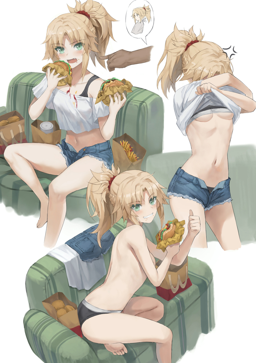 1girl 1other anger_vein bag blonde_hair breasts burger clothes_lift commentary_request crop_top denim denim_shorts fang fate/apocrypha fate_(series) food french_fries green_eyes grin highres holding holding_burger holding_food lifting_own_clothes mordred_(fate) multiple_views navel off_shoulder open_mouth paper_bag ponytail short_hair shorts sitting small_breasts smile stomach tonee topless_female undressing white_background