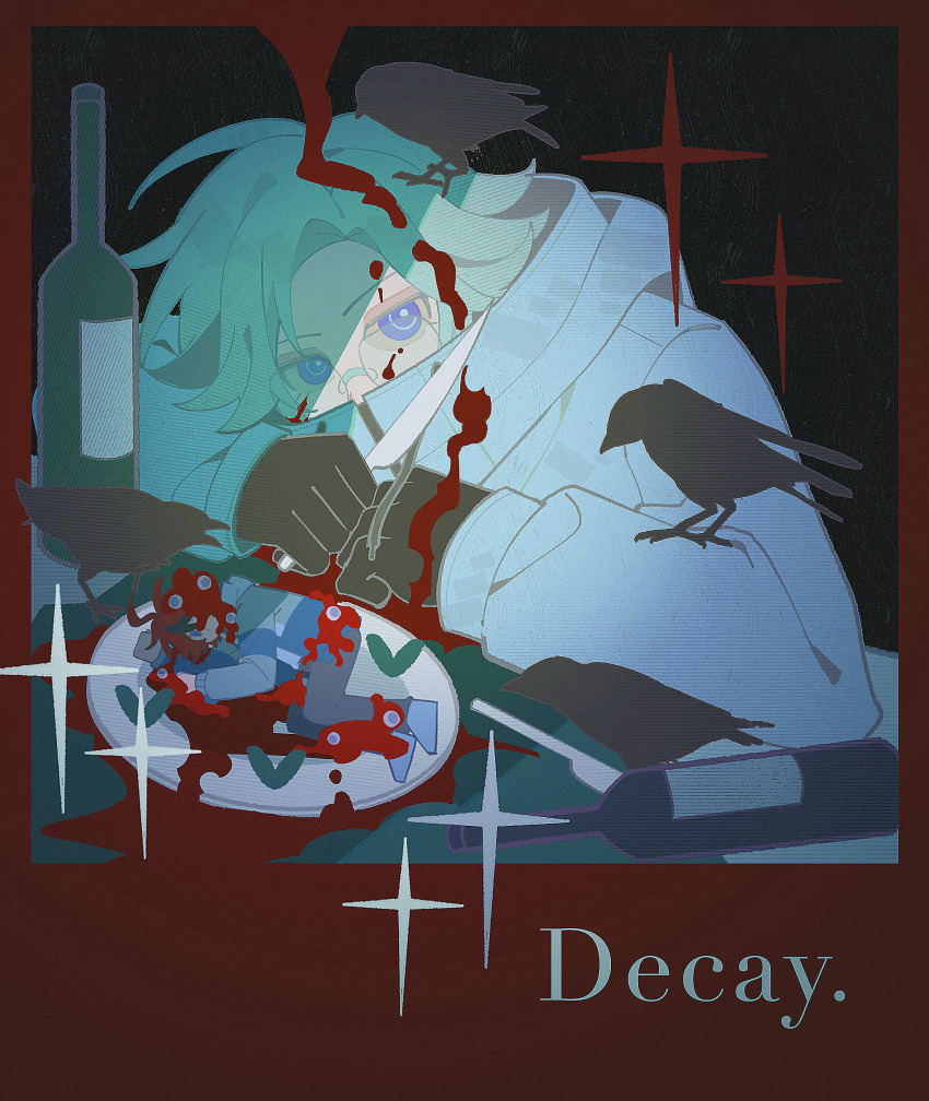 2boys absurdres ahoge animal animal_on_arm animal_on_head aotsuki_eito bird black_gloves black_pants black_streaks blending blood blue_eyes blue_jacket body_horror border bottle bright_pupils chinese_commentary commentary crow english_text glasses gloves grey_hair grey_jacket highres holding holding_knife hood hoodie jacket jacket_over_hoodie knife looking_at_viewer lying male_focus mini_person miniboy multicolored_hair multicolored_jacket multiple_boys on_head on_side pants plate purple_eyes red_border red_hair shoes short_hair spoilers streaked_hair sumino_takumi the_hundred_line_-last_defense_academy- two-tone_hair two-tone_jacket white_hoodie white_jacket white_pupils white_shoes wine_bottle zheidaxuewoshifeishangbukema