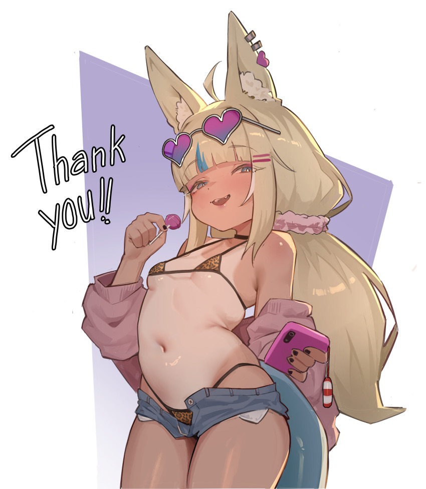 1girl absurdres animal_ear_fluff animal_ears animal_print bad_tag bare_shoulders bikini bikini_under_clothes blonde_hair blue_eyes blue_streaks blush border breasts candy cardigan cat_ears cellphone cowboy_shot denim denim_shorts ear_piercing eyewear_on_head fangs fins fish_girl fish_tail food fox_ears gradient_background gyaru heart heart-shaped_eyewear heart-shaped_sunglasses highres holding holding_candy holding_food holding_lollipop holding_phone indie_virtual_youtuber legs leopard_print loli lollipop long_hair long_twintails looking_at_viewer mesugaki micro_bikini multicolored_hair nottoauru ohwl one-piece_tan open_cardigan open_clothes open_fly open_mouth phone piercing purple_background sameko_saba short_shorts shorts small_breasts smartphone smile solo standing streaked_hair sunglasses sunglasses_on_head swimsuit tail tan tanline thighs tiger_print_bikini twintails very_long_hair virtual_youtuber white_border