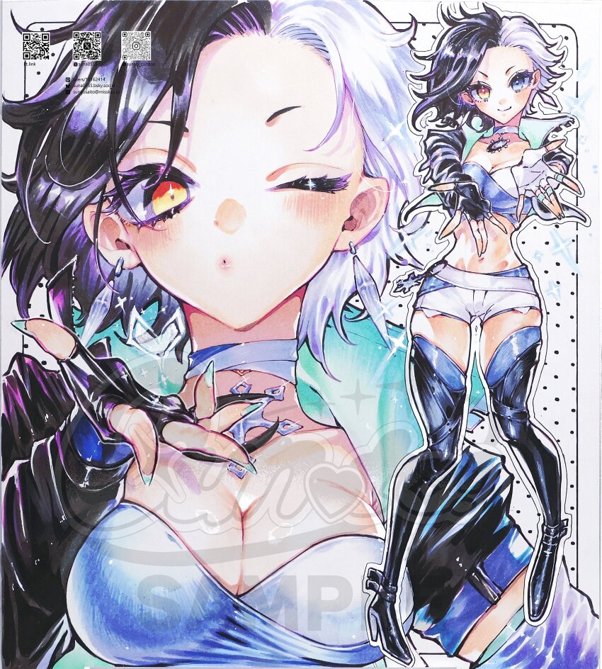 1girl absurdres black_boots black_gloves black_hair black_jacket blowing_kiss blue_eyes blue_nails boots breasts cleavage commentary earrings fingerless_gloves full_body gloves hashtag-only_commentary heart heterochromia highres jacket jewelry large_breasts looking_at_viewer luna_snow marvel marvel_rivals midriff multicolored_hair multiple_views one_eye_closed orange_eyes qr_code reaching reaching_towards_viewer sample_watermark short_hair shorts skindentation snowflake_choker solo split-color_hair sunao_saito symbol-only_commentary thigh_boots two-tone_hair watermark white_background white_hair white_shorts
