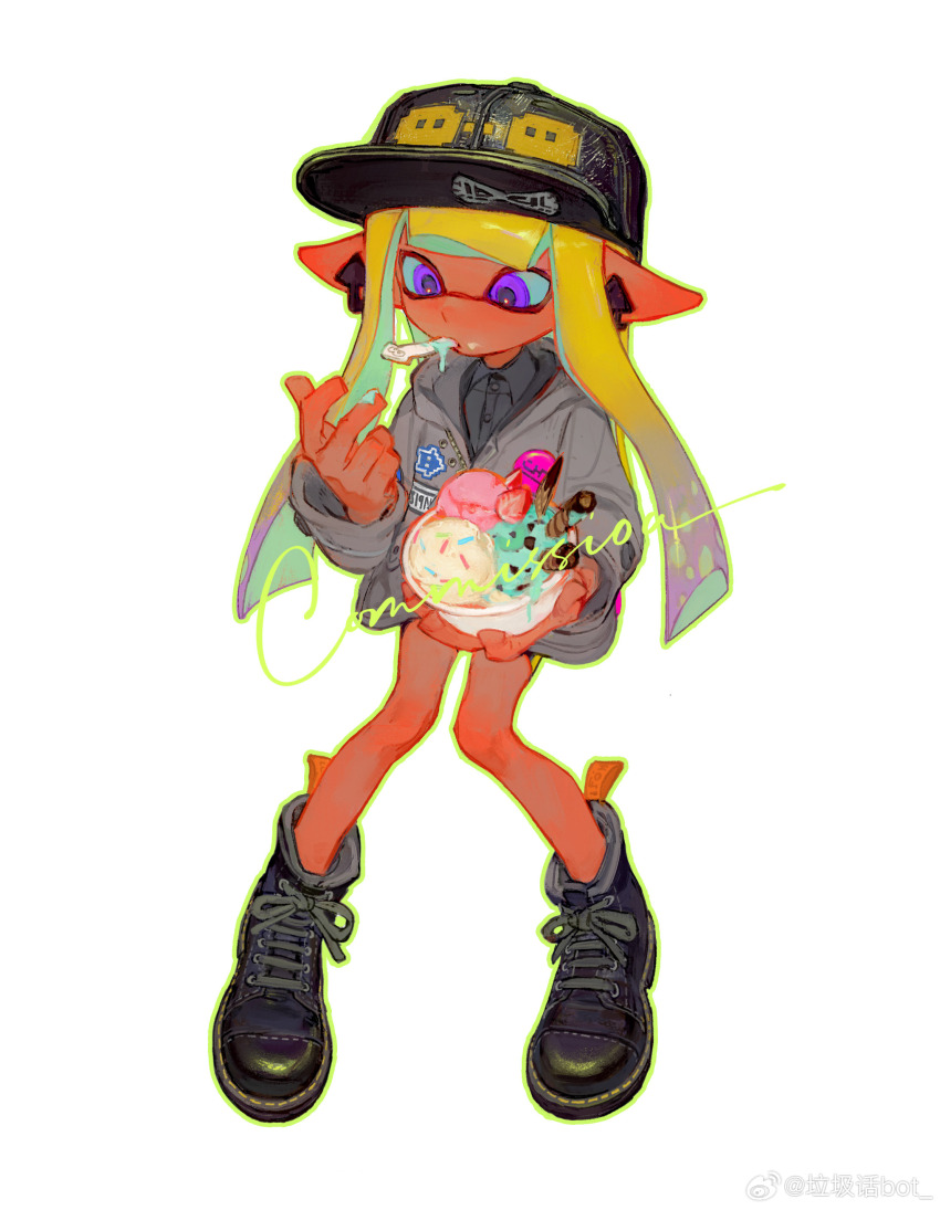 1girl absurdres badge black_hat bowl button_badge coat creamyghost food food_on_hand full_body grey_coat hat highres holding holding_bowl ice_cream inkling inkling_girl inkling_player_character long_hair long_sleeves nintendo pink_eyes pointy_ears simple_background solo splatoon_(series) sprinkles tentacle_hair white_background