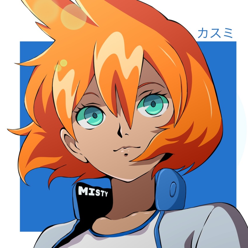 1girl alternate_hairstyle aqua_eyes blue_background border character_name closed_mouth collarbone green_eyes grey_jacket hair_between_eyes jacket looking_at_viewer misty_(pokemon) nintendo orange_hair pokemon pokemon_gsc pokemon_hgss rio_chico_art shirt short_hair simple_background smile solo upper_body white_border