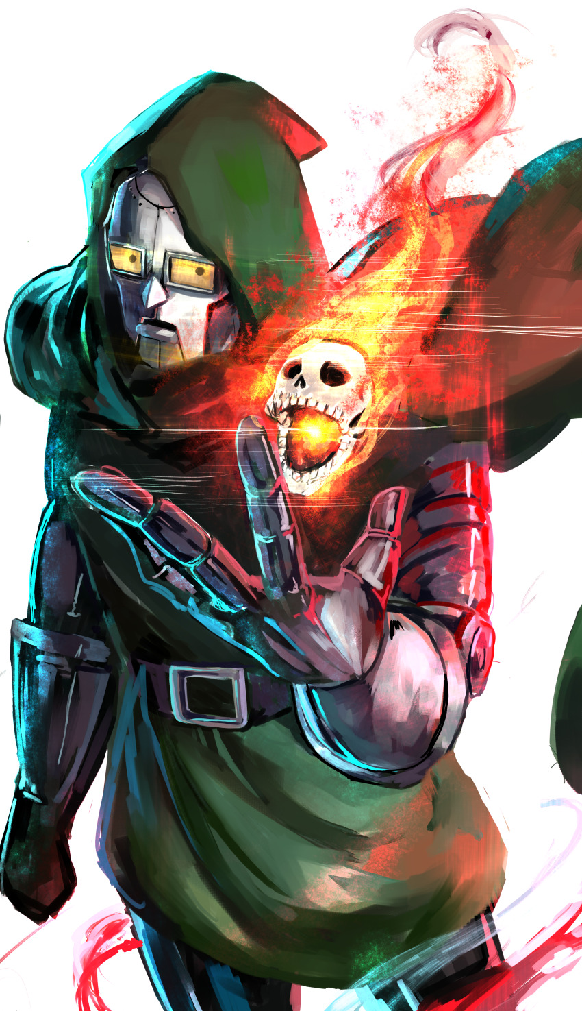 1boy absurdres belt belt_buckle black_belt buckle cape commentary_request cowboy_shot doctor_doom fantastic_four fantastic_four_(1967_tv_series) fire gauntlets green_cape hand_up highres hood hood_up hooded_cape looking_at_viewer male_focus marvel mask metal_mask object_floating_above_hand skull solo superhero_costume white_background xue_lian_wa_noel