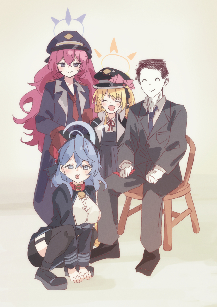 1boy 3girls absurdres ako_(blue_archive) all_fours bad_tag blonde_hair blue_archive blue_hair blue_halo coat collar commentary_request doodle_sensei_(blue_archive) dress fluffy_hair formal_clothes full_body grey_background grey_eyes halo hands_on_ground hat highres ibuki_(blue_archive) iroha_(blue_archive) long_hair long_sleeves looking_at_viewer medium_hair multiple_girls peaked_cap pet_play purple_halo red_hair sensei_(blue_archive) sitting smile squatting standing suit takamalu08_12 tongue tongue_out vest yellow_halo