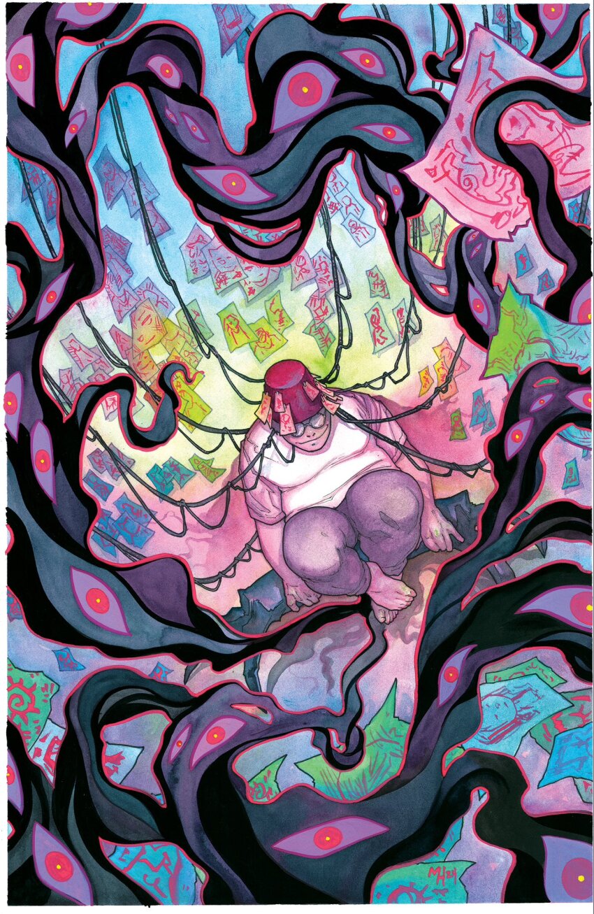 1boy barefoot border cable comic_cover commentary disembodied_eye drawing_(object) english_commentary fez_hat glasses gouache_(medium) grey_hair grey_pants hat highres looking_at_viewer male_focus marvel meghan_hetrick official_art ofuda opaque_glasses painting_(medium) pants paper plump round_eyewear shadow_king_(x-men) shinobu_kageyama shirt sitting smile solo textless_version traditional_media watercolor_(medium) white_border white_shirt x-men