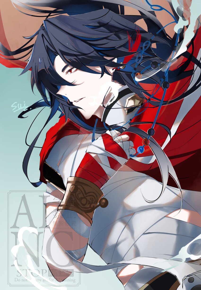 1boy bandages beads black_hair blade_(elation)_(honkai:_star_rail) blade_(honkai:_star_rail) blue_hair bracelet commentary double-parted_bangs earrings from_side highres honkai:_star_rail honkai_(series) jacket jewelry kaiko_415 long_hair necklace red_eyes red_jacket single_earring tassel watermark