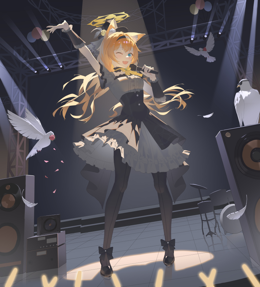 1girl absurdres arm_up bird black_dress black_hairband blue_archive commentary_request dove dress drum drum_set hairband halo highres instrument jiyue_(murasame524) long_hair mari_(blue_archive) music one_eye_closed open_mouth pantyhose singing solo spotlight stage