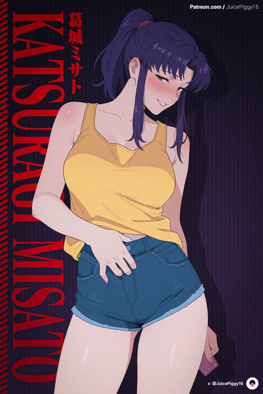 1girl breasts brown_eyes character_name commentary condom denim denim_shorts english_commentary grin half-closed_eyes highres holding holding_condom juicepiggy16 katsuragi_misato long_hair midriff_peek neon_genesis_evangelion patreon_username ponytail purple_background purple_hair shadow shorts sidelocks smile tank_top thighs twitter_username yellow_tank_top