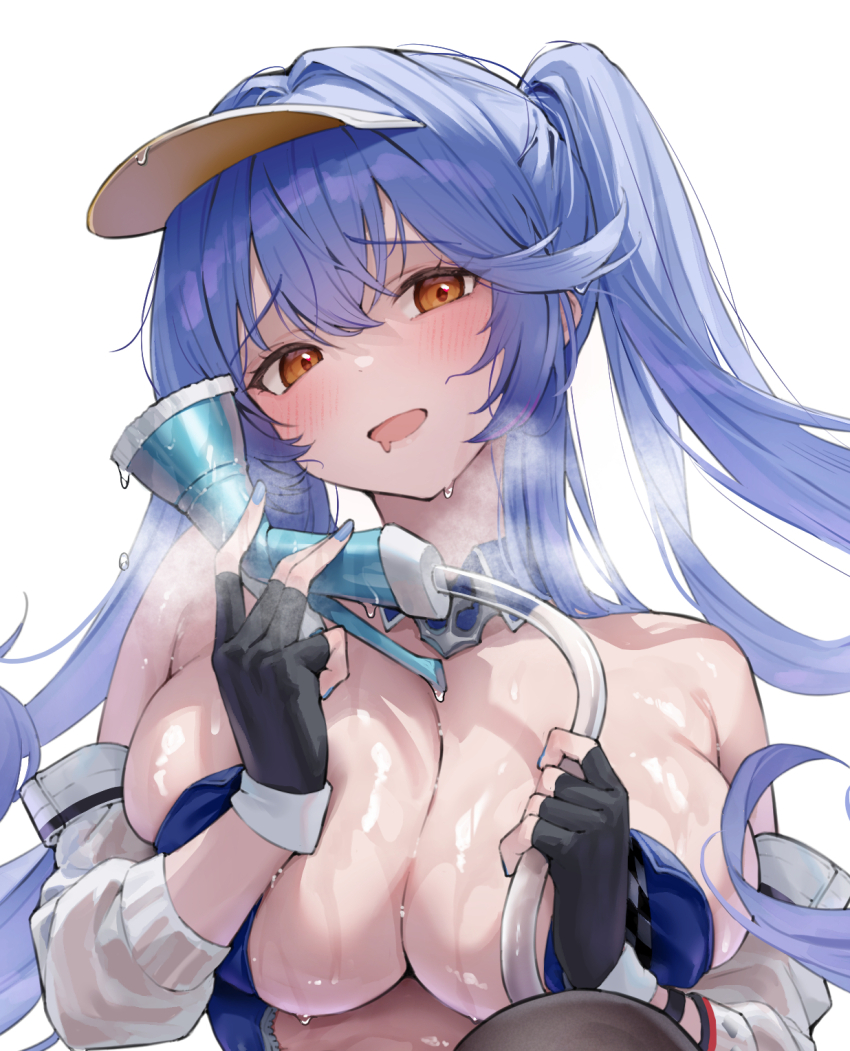 1girl :d azur_lane black_gloves blue_hair blue_leotard blush breasts brown_eyes classic_(zildjian33) cleavage commentary_request detached_collar detached_sleeves essex_(azur_lane) fingerless_gloves gloves hair_between_eyes highres holding holding_hose hose large_breasts leotard long_hair looking_at_viewer open_mouth race_queen simple_background smile solo steam sweat twintails upper_body visor_cap white_background