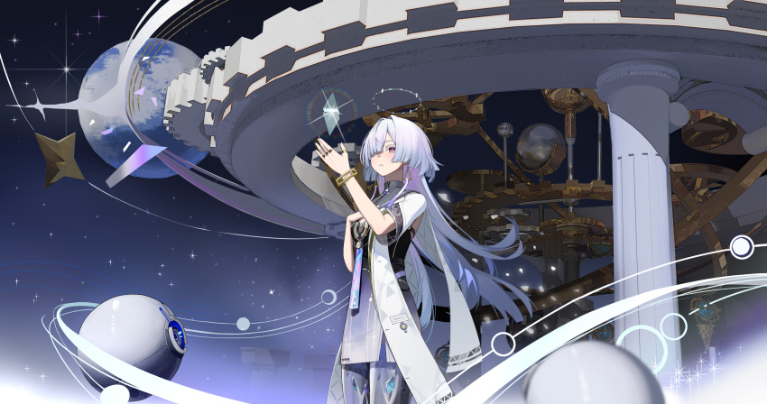 1girl 3d absurdres breasts chinese_commentary colored_eyelashes commentary_request crystal dress grey_hair halo hand_on_own_chest hand_up highres jacket long_hair mixed_media mornye_(wuthering_waves) nuli_hua_de_ryu purple_dress purple_sky red_eyes see-through_body sky small_breasts solo space star_(sky) starry_sky white_jacket wuthering_waves