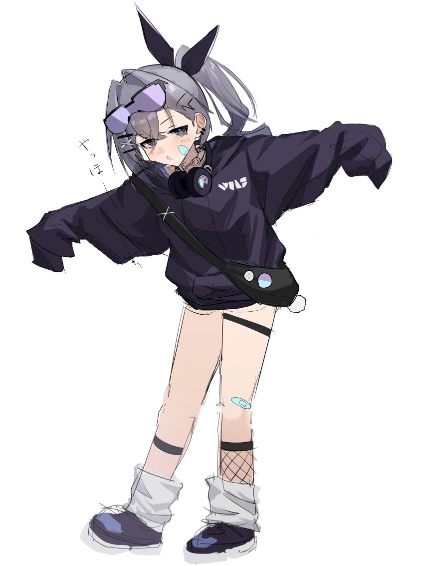 1girl absurdres alternate_costume bag bandaid bandaid_on_leg black_bag black_hoodie black_shoes blush crossed_bangs ear_piercing eyewear_on_head fanny_pack fishnet_socks fishnets full_body goggles goggles_on_head grey_eyes grey_hair hair_between_eyes hair_ornament hair_ribbon hairclip headphones headphones_around_neck highres honkai:_star_rail honkai_(series) hood hood_down hoodie include_sub jacket long_hair long_sleeves looking_at_viewer loose_socks outstretched_arms piercing ponytail ribbon shoes shoulder_bag silver_wolf_(honkai:_star_rail) simple_background sketch sleeves_past_fingers sleeves_past_wrists socks solo standing thigh_strap tinted_eyewear white_background