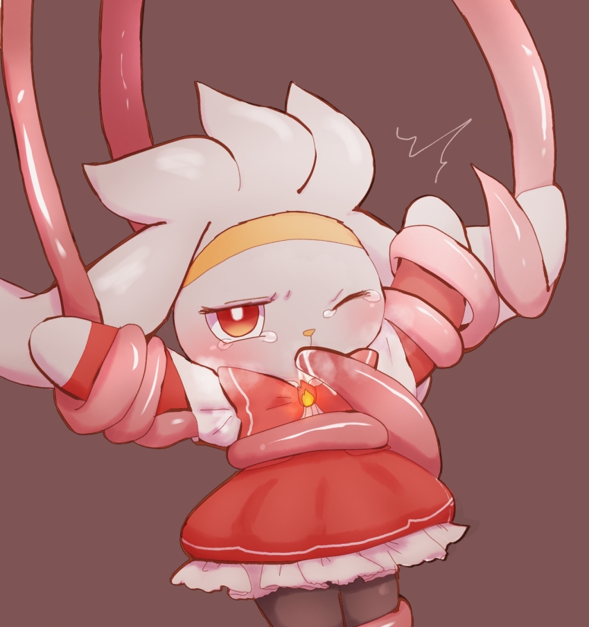 1girl animal_nose arms_up black_fur body_fur bow bowtie breath bright_pupils brooch brown_background capelet clothed_pokemon cowboy_shot cum cum_in_mouth dress female_focus flat_chest frilled_dress frills furry furry_female gen_8_pokemon glowing grey_fur half-closed_eye highres jewelry kagetsu_(pixiv_59460925) loli long_sleeves nintendo one_eye_closed oral outstretched_arms pokemon pokemon_(creature) rabbit_ears rabbit_girl raboot red_bow red_bowtie red_dress red_eyes restrained short_dress simple_background solo tentacles tentacles_under_clothes traditional_bowtie two-tone_fur white_capelet white_pupils wince