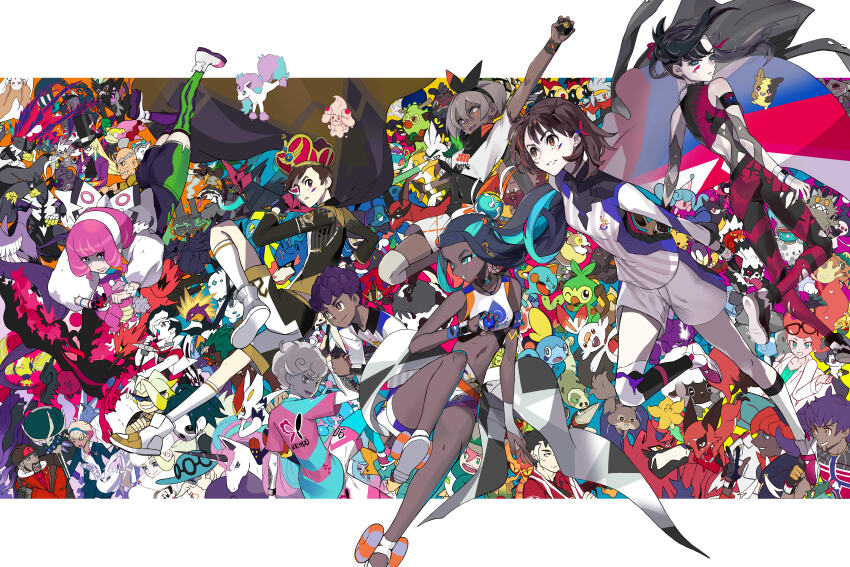 6+boys 6+girls absurdres alcremie allister_(pokemon) appletun applin arctovish arctozolt arm_up arrokuda avery_(pokemon) barraskewda bea_(pokemon) bede_(pokemon) black_cape black_hair blipbug blue_eyes boltund brown_eyes brown_hair calyrex cape carkol celebi centiskorch chewtle cinderace clobbopus coalossal copperajah corviknight corvisquire covered_navel cramorant crop_top crown cufant cursola dark-skinned_female dark_skin dottler dracovish dracozolt dragapult drakloak drednaw dreepy drizzile dubwool eiscue eldegoss eternatus everyone eyelashes facial_mark falinks flapple frosmoth galarian_articuno galarian_corsola galarian_darumaka galarian_farfetch'd galarian_form galarian_linoone galarian_meowth galarian_moltres galarian_mr._mime galarian_ponyta galarian_rapidash galarian_slowbro galarian_slowking galarian_slowpoke galarian_stunfisk galarian_weezing galarian_yamask galarian_zapdos galarian_zigzagoon gen_2_pokemon gen_4_pokemon gen_8_pokemon glastrier gloria_(pokemon) gordie_(pokemon) gossifleur grapploct great_ball greedent grey_hair grimmsnarl grin grookey hatenna hatterene hattrem highres hiro_(user_negm3832) holding holding_poke_ball hop_(pokemon) impidimp indeedee inteleon kabu_(pokemon) klara_(pokemon) kubfu legendary_pokemon leon_(pokemon) looking_ahead luxury_ball marnie_(pokemon) mask melony_(pokemon) microphone_stand midriff milcery milo_(pokemon) mime_jr. mixed-language_commentary morgrem morpeko mr._rime multiple_boys multiple_girls music mustard_(pokemon) mythical_pokemon nessa_(pokemon) nickit nintendo obstagoon oleana_(pokemon) opal_(pokemon) orbeetle pants parted_lips peonia_(pokemon) peony_(pokemon) perrserker piers_(pokemon) pincurchin pink_hair poke_ball poke_ball_(basic) pokemon pokemon_(creature) pokemon_swsh polteageist puffy_sleeves purple_hair raboot raihan_(pokemon) regidrago regieleki rillaboom rolycoly rookidee rose_(pokemon) rotom rotom_phone runerigus sandaconda scorbunny shirt shoes shorts silicobra singing sinistea sirfetch'd sizzlipede skwovet smile snom sobble socks sonia_(pokemon) spectrier sunglasses thievul thwackey toxel toxtricity upside-down urshifu victor_(pokemon) white_hair white_shirt white_shoes white_shorts white_socks wooloo wristband yamper zacian zamazenta zarude